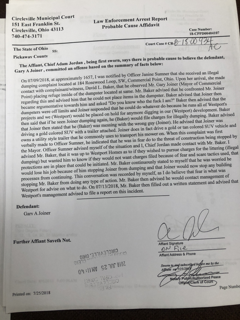 Commercial Point Mayor Gary Joiner Charged with Intimidation and